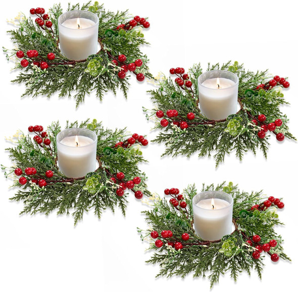 SOMGTING Christmas Candle Rings Wreaths Christmas Kitchen Cabinet Wreaths Mini Xmas Wreaths Table Centerpieces Candle Rings for Pillars Christmas Front Door Window Chair Decorations (4PCS)