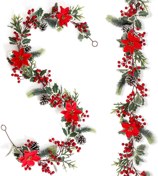 SOMYTING Christmas Garland 6FT Christmas Poinsettia Garland with Red Berries Holly Leaves Artificial Pine Needle Red Berry Garland Artificial Xmas Flower for Indoor Outdoor Christmas Decortions (2PCS)