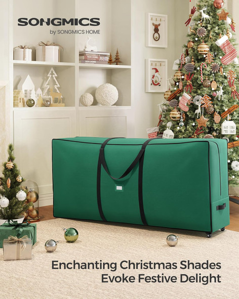 SONGMICS Christmas Tree Storage Bag with 1.6-Inch Wheels, Rolling Storage Bag, up to 9 ft, For Disassembled Holiday Tree, Length-Adjustable Handles, 600D Oxford Fabric, Forest Green URXS004C01