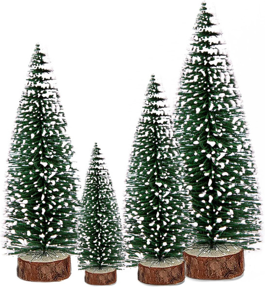 Mini Christmas Tree, Bottle Brush Christmas Tree, 4 PCS Artificial Christmas Tree with Wooden Bases for Xmas Holiday Party Home Tabletop Bottle Brush Trees, Green