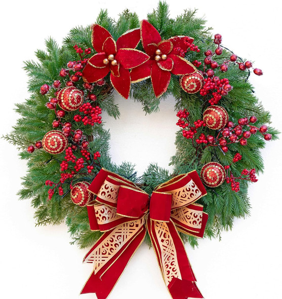 Christmas Wreaths for Front Door, Soomeir Winter Wreath with Large Red Bow, Red Berries and Christmas Balls, for Wall Windows Mantle Outdoor Christmas Decoration