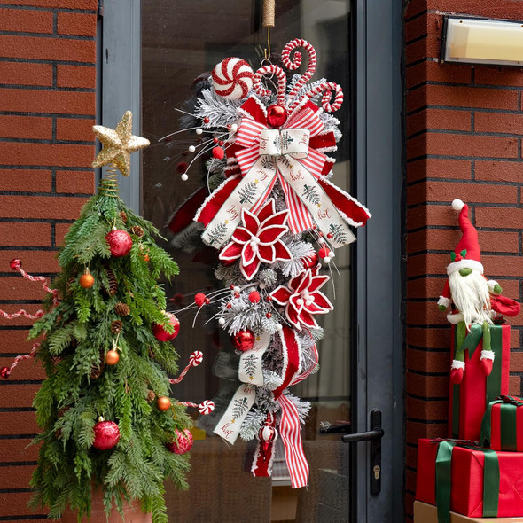 36 Inch Christmas Teardrop Swag, Soomeir Winter Holiday Swags Wreaths with Red White Stripe Ribbon and Lollipop for Front Door, Wall Window Fireplace Indoor Outdoor Decor