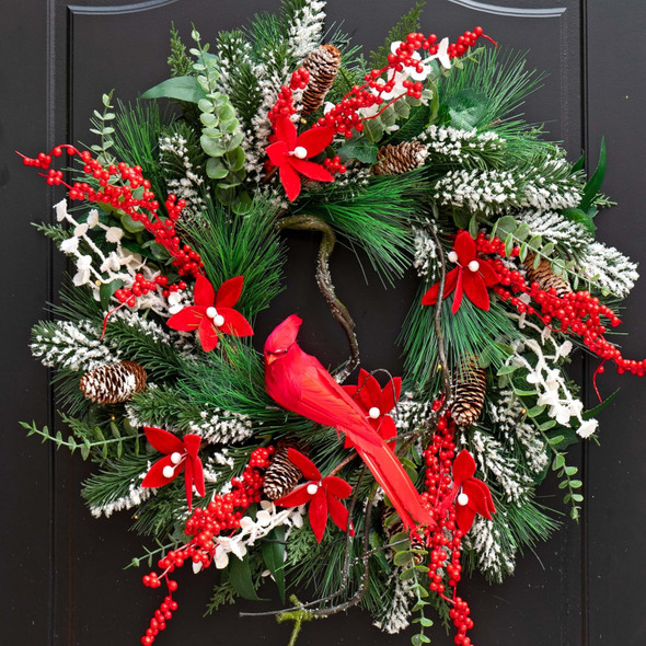 Christmas Wreaths for Front Door, Soomeir 24 Inch Christmas Wreath with Cardinal Birds Pine Needles Snow Eucalyptus and Berries, for Home Wall Window Porch Indoor Outdoor Decor