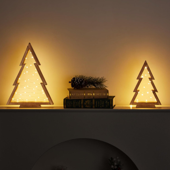 Christmas Decorations, Wooden Christmas Tree, Tabletop Christmas Tree with Lights, Small Lighted Christmas Trees Decor for Table Top Mantle Shelf, 2 Pack (Large 14.2" H & Small 10.2" H)