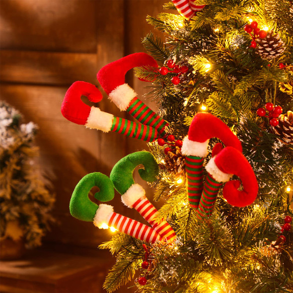 4 Pcs Christmas Picks Christmas Elf Legs Boot Pick Striped Elf Ornaments for Christmas Tree Stuffed Elf Leg Tree Topper Elf Feet Elf Legs for Decor Xmas Holiday Indoor Outdoor Party, Red, Green, White