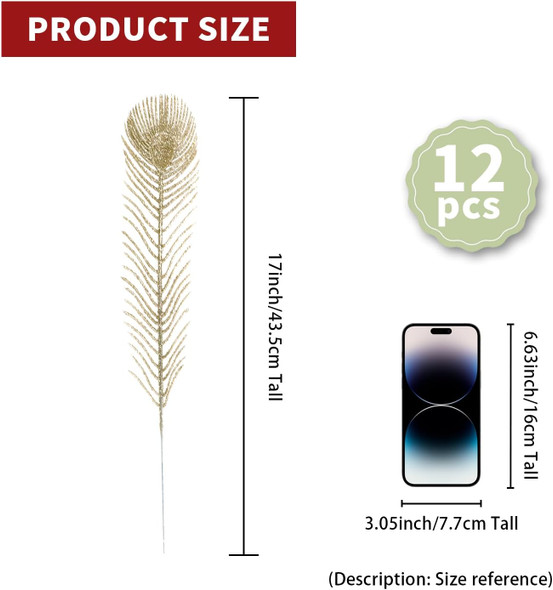 12 Pieces Artificial Peacock Feather Glitter Leaves Christmas Picks Sprays for Xmas Tree Decoration Vase Filler Flower Arrangment Christmas Wreath DIY Crafts Decor (Champagne)