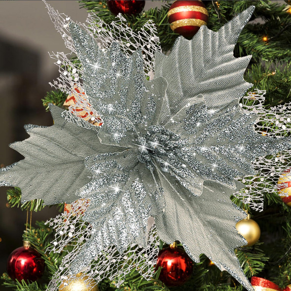 10'' Large Christmas Glitter Poinsettia Flowers Decorations, 10 Pcs Christmas Tree Picks Ornaments Artificial Flowers with Long Stems for Xmas Tree Wreath Garland Wedding Party DIY Holiday Decor