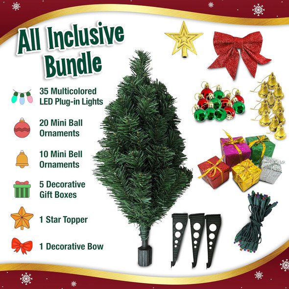 Small Christmas Tree with Lights - 23 Inch Mini Tabletop Christmas Tree with Multi-Color LED Lights, Hanging Ornaments, Decorative Bow and Boxes - Prelit Table Tree for DIY Christmas Decoration