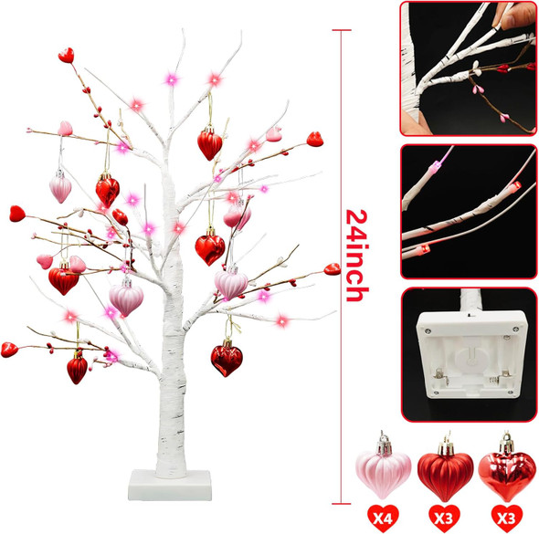 [Red Pink Lights & Timer] Valentines Day 24 Inch Birch Tree Decor with 10 DIY Heart Ornaments 24 Red Pink LED Lights Battery Operated Valentine's Day Decorations for Home Tabletop Party Wedding