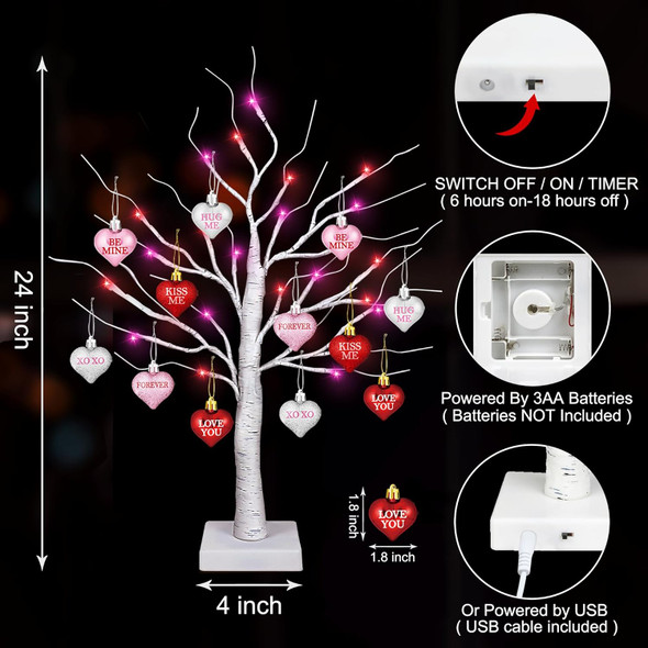 Valentines Day Decorations 24 Inch Lighted Valentines Decor Tree with 12 Heart Ornament, Timer/USB/Battery Operated Valentine's Decoration Tree, Valentines Day Decor for Home Table Bedroom Party Valentines Day Decorations 24 Inch Lighted Valentines Decor Tree with 12 Heart Ornament, Timer/USB/Battery Operated Valentine's Decoration Tree, Valentines Day Decor for Home Table Bedroom Party