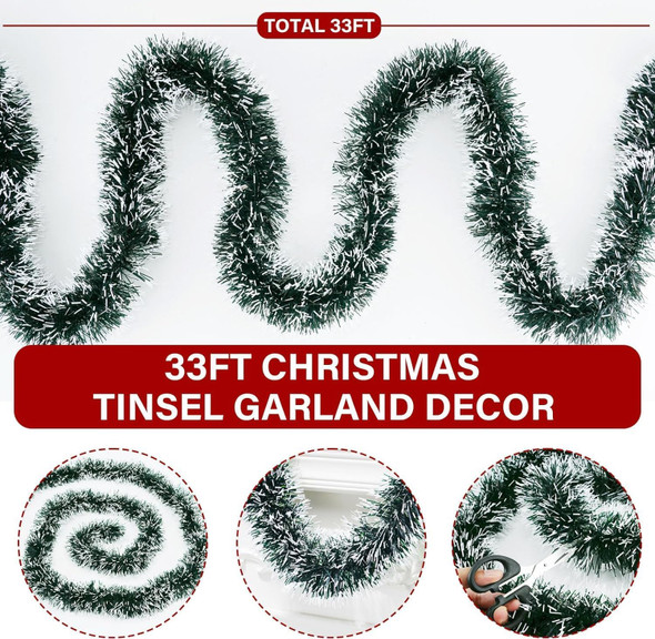 33FT Green Tinsel Christmas Garland Metallic Twist Shiny Garland for Christmas Tree Decorations, Xmas Holiday Hanging Garland for Home Indoor Outdoor Party Supplies Decor (Green, White)