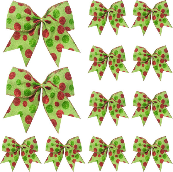 12 PCS Red Green Christmas Bows Decoration, 6 Inch Large Bow Ornaments for Christmas Tree, Bow Garland Christmas, Christmas Wreaths Bows Xmas Tree Elf Dot Bows Ribbons Ornaments for Party