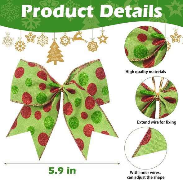 12 PCS Red Green Christmas Bows Decoration, 6 Inch Large Bow Ornaments for Christmas Tree, Bow Garland Christmas, Christmas Wreaths Bows Xmas Tree Elf Dot Bows Ribbons Ornaments for Party