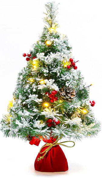 Sunnyglade 21.6 inch Snow Flocked Christmas Tree Artificial Mini Christmas Tree Pine Tree Indoor Tabletop Ornaments Decorations with 30 LED Lights,Red Cloth Base and Pine Cones,White