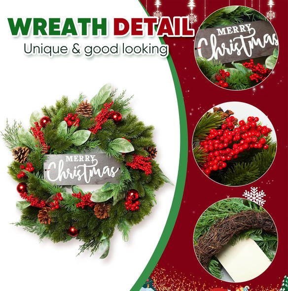 Christmas Wreath with Christmas Signs, 22" Christmas Wreath for Front Door Winter Pine Wreath with Magnolia Leaves, Red Balls Ornaments Xmas Wreath Outdoor for Windows Wall Porch Decor