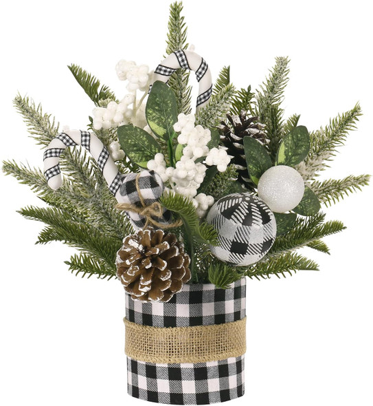 Super Holiday Small Buffalo Check Plaid Christmas Tree, Artificial Mini Tabletop Christmas Tree Decorations with Xmas Ornaments, for Home Party Thankgivings Decor, Black/White-Indoor