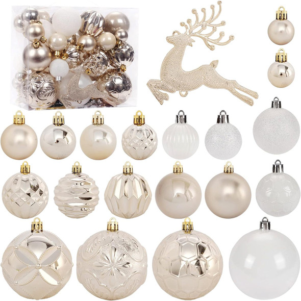 Christmas Tree Ornaments Set, 50 ct Champagne and White Christmas Ornaments Balls for Christmas Tree Decorations Shatterproof Christmas Hanging Ball for Halloween Party Home Decor (Hooks Included)