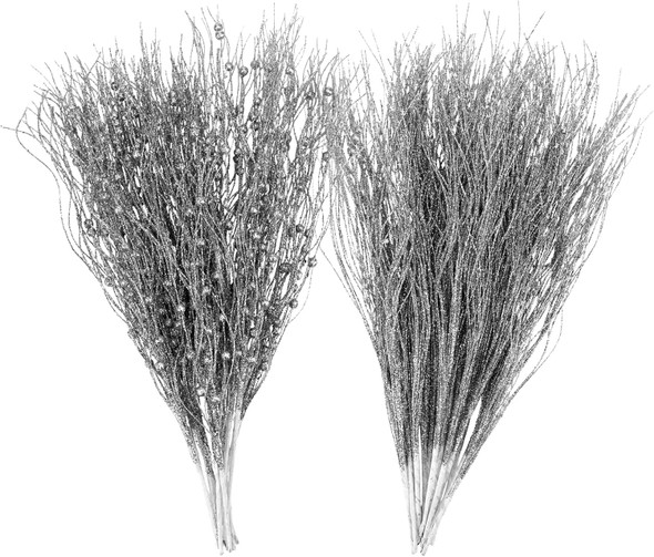 SUPREME XMAS 30 Pack Artificial Glitter Berry Stem Ornaments, Silver Christmas Twigs Branches Picks Ornaments Set for Xmas Tree Decorations Wreath Vases Fireplace Holiday Wedding Party Home Decor