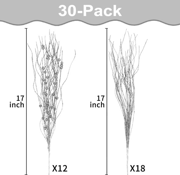 SUPREME XMAS 30 Pack Artificial Glitter Berry Stem Ornaments, Silver Christmas Twigs Branches Picks Ornaments Set for Xmas Tree Decorations Wreath Vases Fireplace Holiday Wedding Party Home Decor