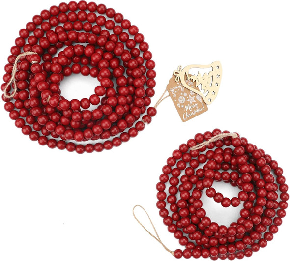 2 Pack Christmas Wood Bead Garland, Red Wooden Beads Garland, Round Wooden Beads Garland for Christmas Tree Decorations, 9 Feet+12 Feet