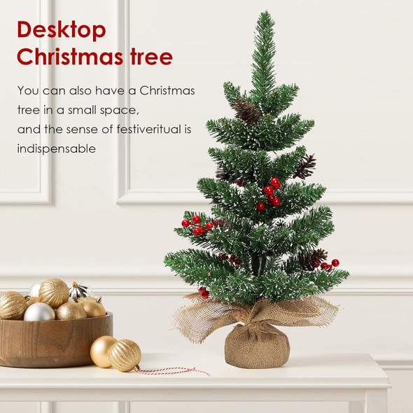 Festive 60cm Tabletop Christmas Tree in PVC, Stable Cement Base, Wrapped in Burlap, Whitened Branches, 68 Tip Counts, Topped with 6 Red Berries, 6 Simulation Pine Cones