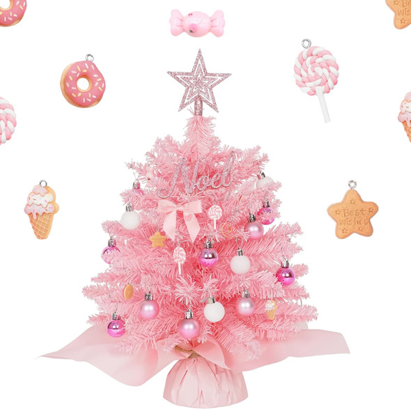 20" Mini Pink Christmas Tree Table Top Christmas Tree Artificial Xmas Tree Small Christmas Tree with Lights, Star Treetop and Balls, Tabletop Christmas Tree for Girls Rooms