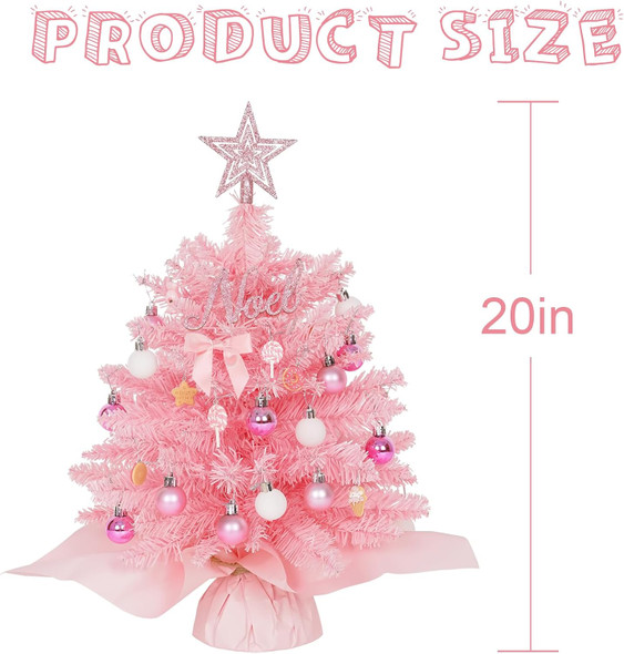 20" Mini Pink Christmas Tree Table Top Christmas Tree Artificial Xmas Tree Small Christmas Tree with Lights, Star Treetop and Balls, Tabletop Christmas Tree for Girls Rooms