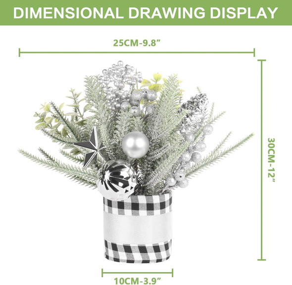 SY Super Bang Small Buffalo Check Plaid Christmas Tree, Artificial Mini Tabletop Christmas Tree Decorations with Silver Ornaments, for Home Holiday Indoor Party Xmas Decor.
