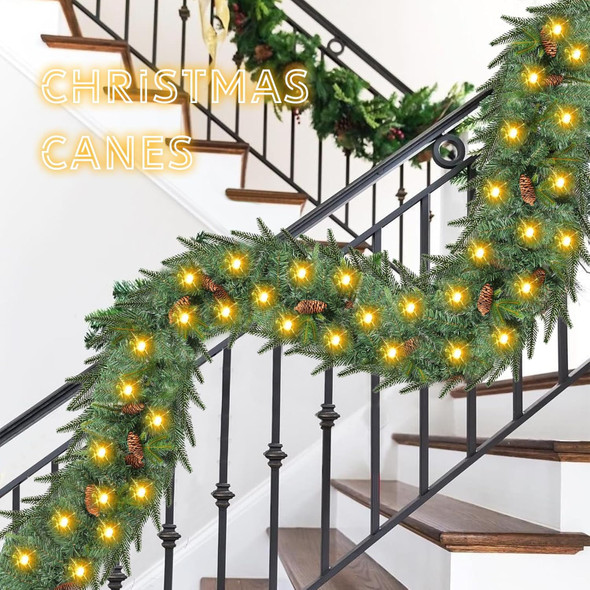 9 FT Christmas Garland with Lights,Christmas Decorations Garland Mixed Pinecones, with Timer, Battery Operated,Christmas Decor Garland for Stairs Indoor Mantle Door Wall Outdoor (Green+Brown)