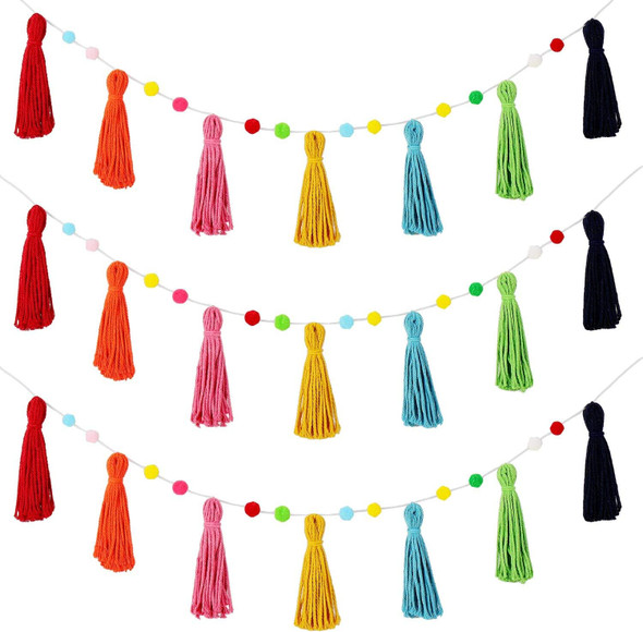 Syhood 3 Pcs Colorful Rainbow Boho Tassel Garland Pom Pom Classroom Garland Tassel Each 50'' Rainbow Garland Banner Decorative Wall for Baby Kid Nursery Shower Decor Photography Prop