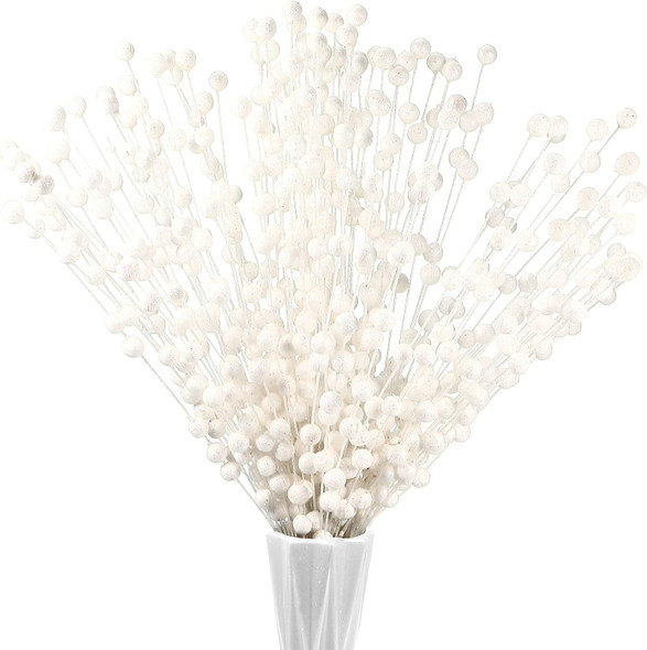 200 Pieces Christmas Berries Artificial Stems Christmas Tree Decorations Fake Christmas Picks for Home Glitter Sticks DIY Wreath Crafts Fireplace Holiday Christmas Decor 13.8 Inches (White)