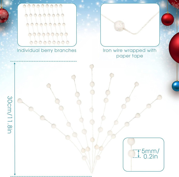 200 Pieces Christmas Berries Artificial Stems Christmas Tree Decorations Fake Christmas Picks for Home Glitter Sticks DIY Wreath Crafts Fireplace Holiday Christmas Decor 13.8 Inches (White)