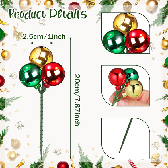 Syhood 12 Set Christmas Tree Picks 7.9 Inch Red Green Gold Christmas Ball Ornaments on Wired Picks Shatterproof Plastic Hanging Ornaments for Xmas Tree Vase Fillers Wreath Crafts Decor