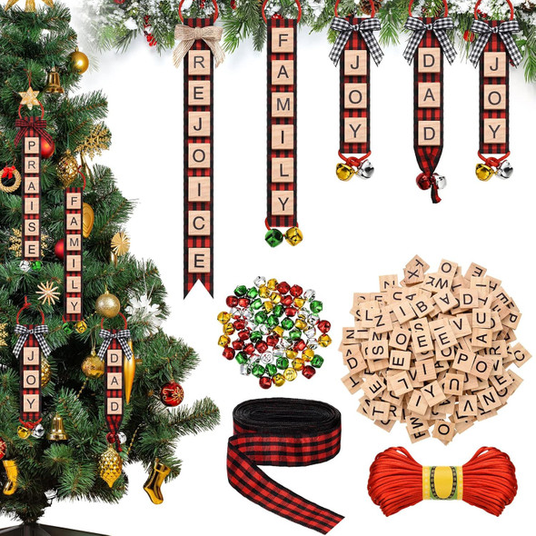 Christmas Ornaments Tree Decorations Personalized Wooden Letter Tiles DIY Crafts Capital Letter Tiles Ribbon Bells for Tree Decorations Christmas Wreath Room Holiday (Red and Black)