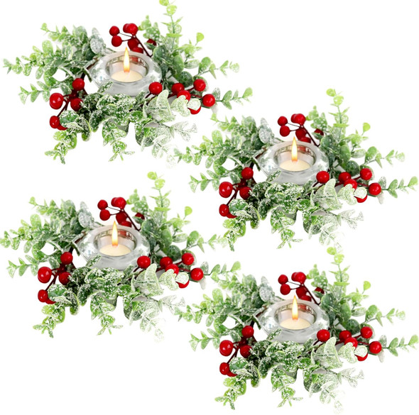 4 Pcs Christmas Candle Rings Wreath Red Berries with Eucalyptus Leaves 3.15inch, Snowy Small Wreath Candle Ring Holder for Pillars, Christmas Home Kitchen Table Centerpieces Decor