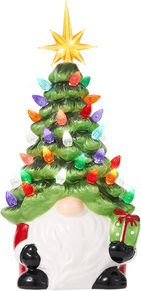 Christmas Gnomes Tree Decorations，Pre-Lit Gnomes Ceramic Xmas Tree with 46 Multicolored Lights for Fireplace Bedroom Night Table