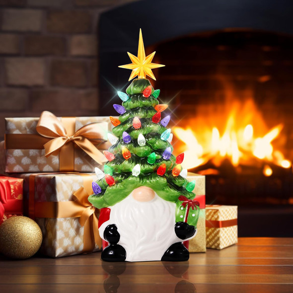 Christmas Gnomes Tree Decorations，Pre-Lit Gnomes Ceramic Xmas Tree with 46 Multicolored Lights for Fireplace Bedroom Night Table