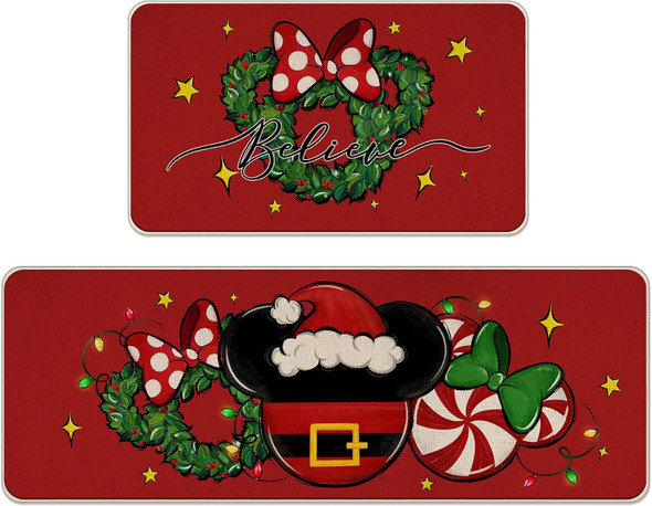 Christmas Believe Santa Mouse Red Kitchen Rugs Set of 2, Xmas Wreath Peppermint Candy Kitchen Mats Decor, Winter Holiday Floor Door Mat Home Decorations -17x29 and 17x47 Inch