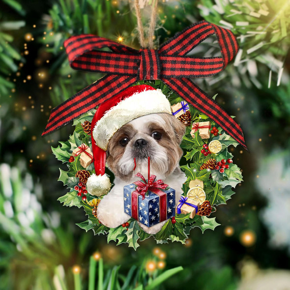 Talataca Shih Tzu Wearing A Christmas Hat Wreath Dog Lover 2D Flat Christmas Tree Wood Ornament Decor Wooden Hanging Decoration House Present Xmas Eve Keepsake Decorative