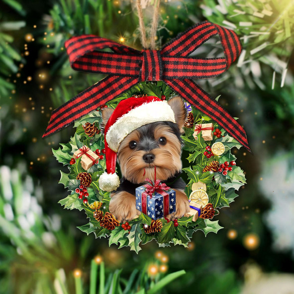 Talataca Yorkshire Terrier Wearing A Hat Wreath Yorkie Dog Lover 2D Flat Christmas Tree Wood Ornament Decor Wooden Hanging Decoration House Present Xmas Eve Keepsake Decorative