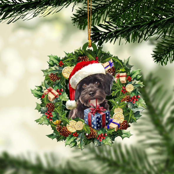 Talataca Schnoodle 2D Flat Christmas Ornament, Schnauzer Poodle Mix Wearing A Christmas Hat Wreath Pine Tree Decor, Hanging House Charm Eve Keepsake, Car Rear View Mirror Accessories, Xmas