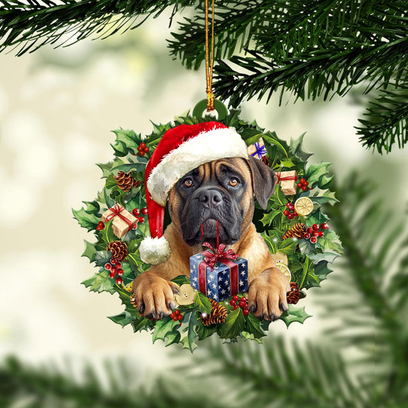 Talataca English Mastiff 2D Flat Christmas Ornament, Mastín Inglés Wearing A Christmas Hat Wreath Pine Tree Decor, Hanging House Charm Eve Keepsake, Car Rear View Mirror Accessories, Xmas