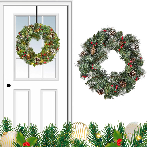 Christmas Wreath with Lights, Artificial Christmas Door Wreath with 30 LED Lights, Pre-Lit Battery Operated Outdoor Christmas Wreath Lighted, 18Inch