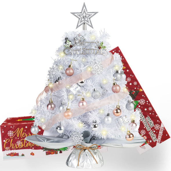20" Mini White Christmas Tree, Artificial Mini Christmas Tree with Lights, Tabletop Christmas Tree with Star Treetop Snowflake Boxes and Ball Ornaments for DIY Christmas Decoration(White)