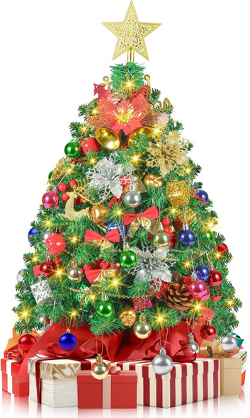 2FT Mini Christmas Tree, Tabletop Artificial Christmas Tree, 100 Lifelike Branches, 60 LED Lights, 80 Ornaments, 24 Inches Small Christmas Tree, Prelit Xmas Tree for Holiday Indoor DIY Decor