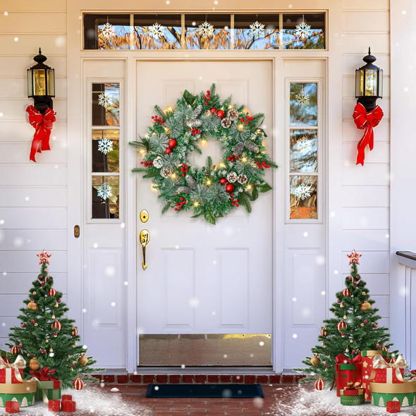 24in Christmas Wreath with Lights, Pine Cone Wreath Lighted Christmas Wreaths Winter Wreath with Pine Cones, Berries Ball Ornaments and Pine Branch for Door Window Mantle Christmas Decoration Wreaths