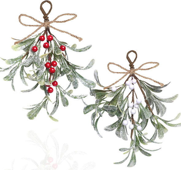 2 PCS Christmas Mistletoe Decor, Artificial Mistletoe Ornament Mistletoe Hanging Decorations Glitter Christmas Tree Accessories Dry Leaf Hanging Decoration for Christmas Party Tree Door
