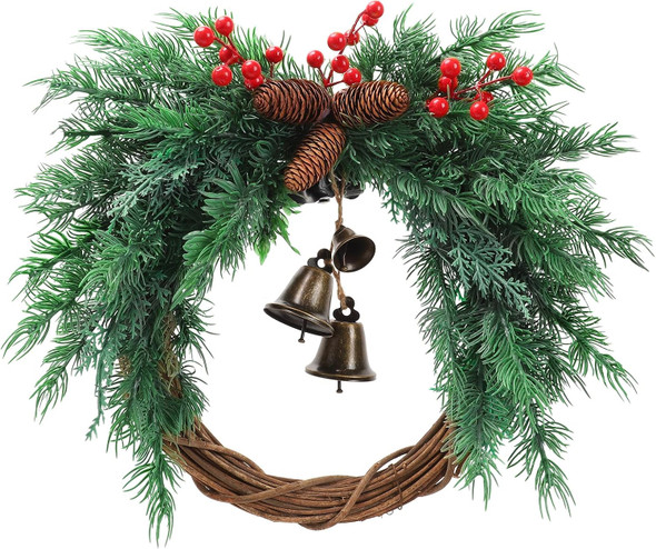 Christmas Wreath with Boho Bells - 20 Inch Farmhouse Christmas Artificial Pine Wreaths for Front Door - Winter Rattan Door Wreath with Pine Cone for Christmas Decor