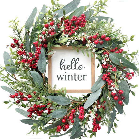 TEMPUS Christmas Wreath for Front Door 18’’ Red Berries Artificial Leaves Wreath with Hello Winter Sign Winter Wreath for Christmas Farmhouse Home Outdoor/Indoor Decor