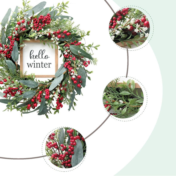TEMPUS Christmas Wreath for Front Door 18’’ Red Berries Artificial Leaves Wreath with Hello Winter Sign Winter Wreath for Christmas Farmhouse Home Outdoor/Indoor Decor